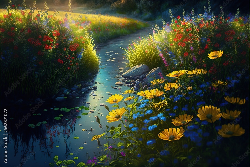 Poster a painting of a stream surrounded by flowers and grass with a sunbeam in the background and a field 