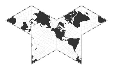 Vector world map. Gnomonic butterfly projection. Plain world geographical map with latitude and longitude lines. Centered to 120deg E longitude. Vector illustration.