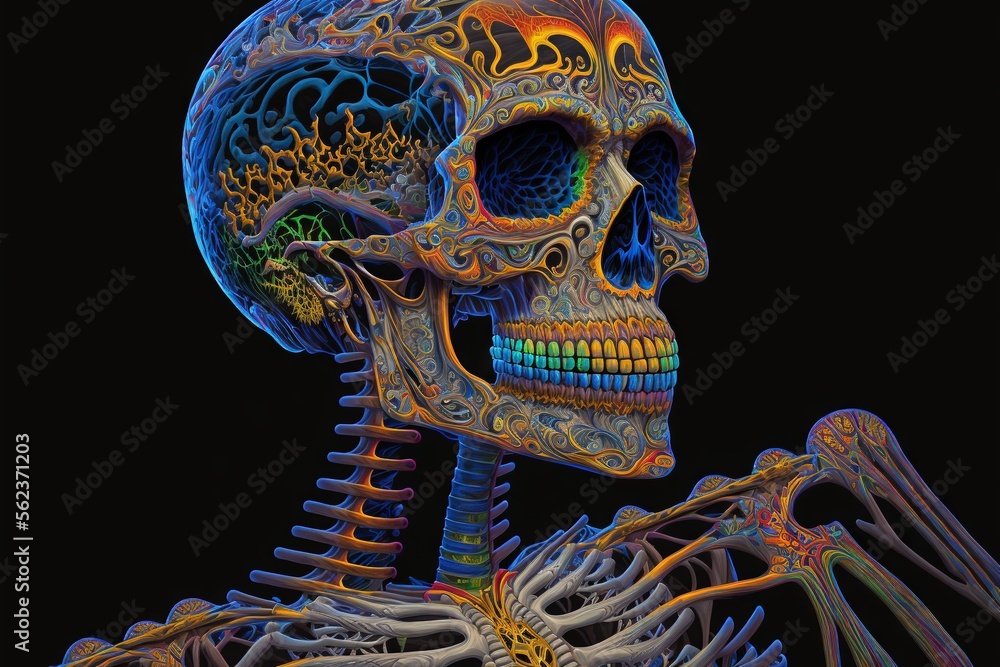 Poster a skeleton with a colorful skeleton design on it's face and neck, with a black background and a blac