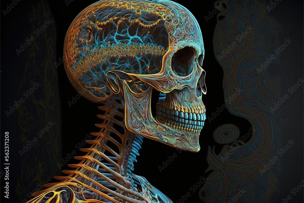 Poster a skeleton with a human skeleton structure in the middle of it's body, with a black background and a