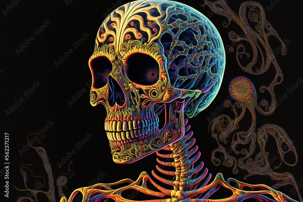 Poster a colorful skeleton with a black background and a black background with swirls and dots on it's head