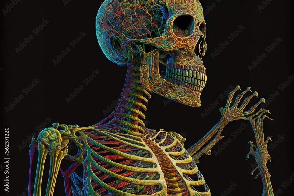 Poster a skeleton with a colorful skeleton design on it's body and arms and legs, with a black background a