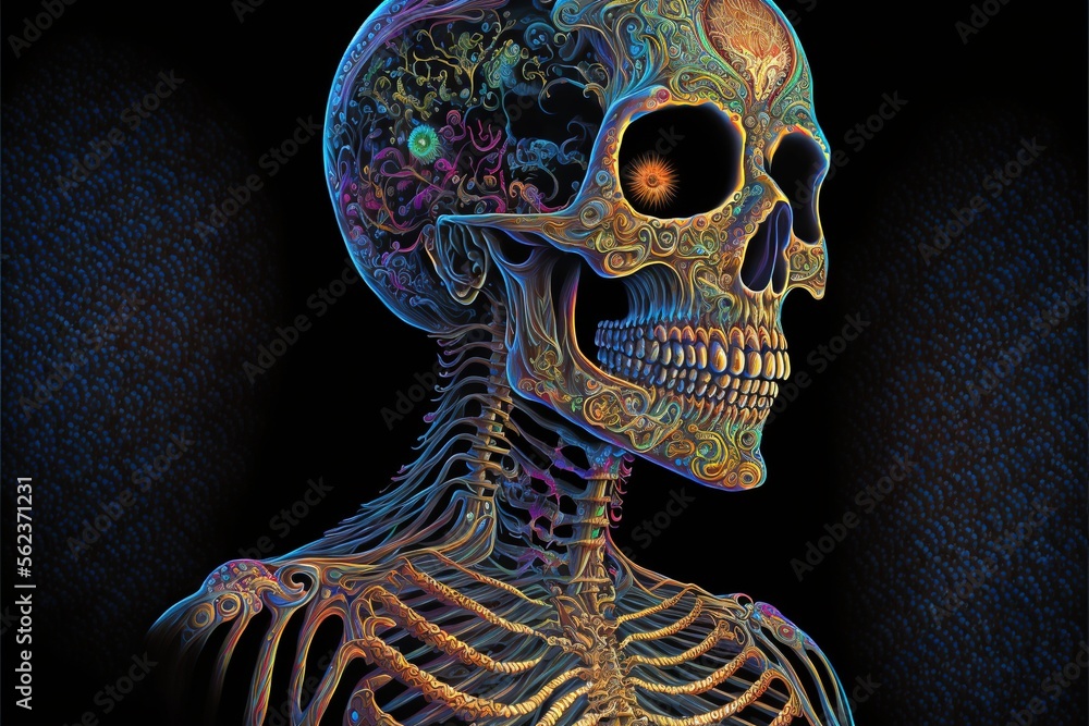 Poster a skeleton with a glowing eye and a colorful pattern on its face and neck, with a black background a