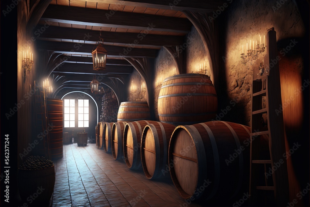 Aufkleber a room with several barrels in it and a light hanging from the ceiling above it and a window in the 