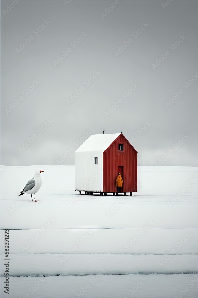Poster a bird standing in front of a red barn on a snowy day with a white building in the background and a 