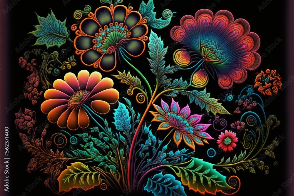Poster a painting of flowers on a black background with a red frame around it and a blue border around the 