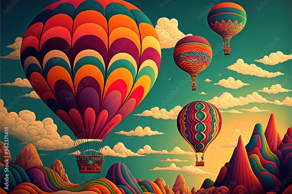 Poster  a painting of hot air balloons flying over mountains and clouds in the sky with a sunset in the background and a mountain range in the foreground with a few clouds and a few clouds., generative ai