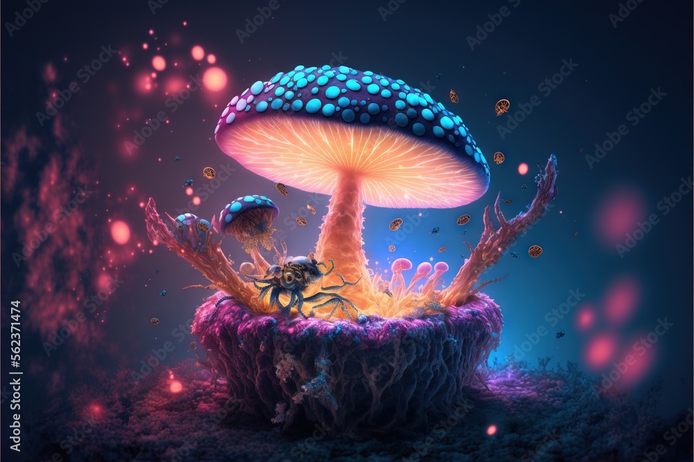 Aufkleber a mushroom with a spider crawling on it's side in a blue and pink background with bubbles and bubble