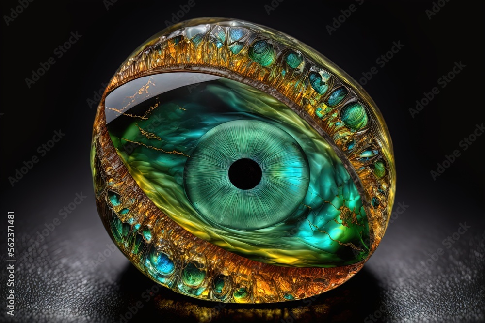 Poster a glass sculpture of an eye with a green iris in it's center and a black background with a reflectio
