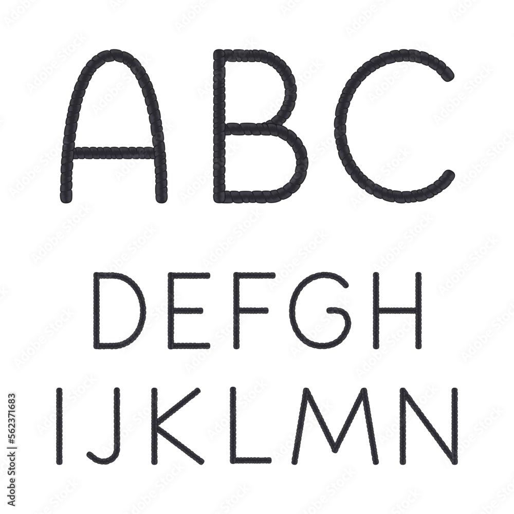 Poster font, alphabet, letters from dreadlocks from a to n. isolated vector objects on a white background.