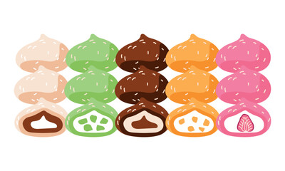 Sweet dessert mochi from Japan on a white background. Asian food. Vector illustration on a white background for restaurants, menus, decor