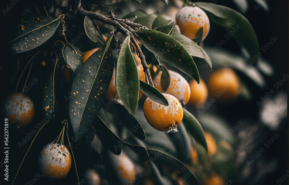 Poster a tree filled with lots of oranges and leaves covered in drops of dew on them, with a black frame ar