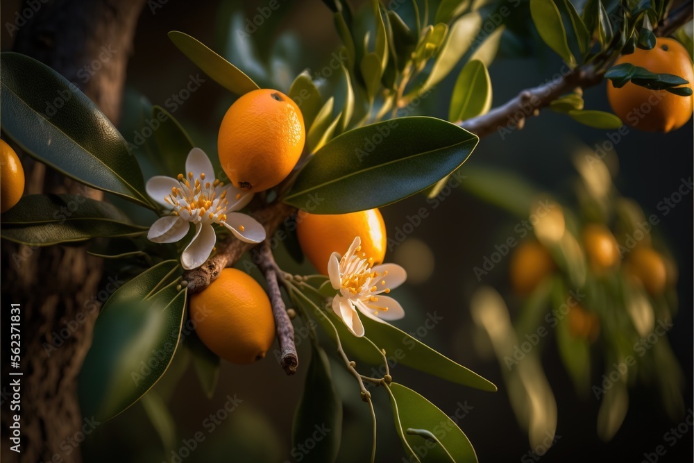 Poster a branch with oranges and flowers on it with leaves and flowers on it, and a dark background with a 