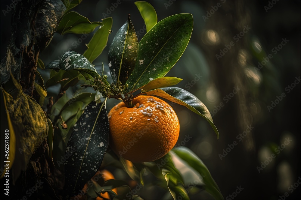 Aufkleber an orange hanging from a tree with leaves and snow on it's surface, with a dark background, with a b