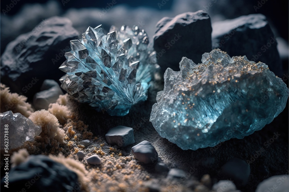Poster a close up of some rocks and rocks with crystals on them and a blue rock on the ground with other ro
