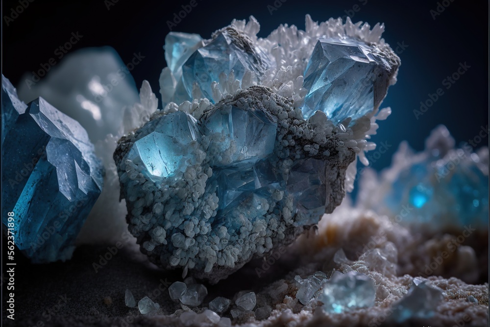 Poster a cluster of blue crystals on a black background with a black background behind it and a blue backgr