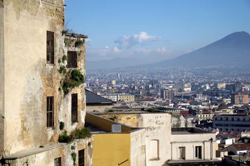 Fotobehang Naples, Italy, panorama, view, city, houses, buildings, travel, Vesuvius, history, street, live, sky, sun, hills, sea © reznik_val