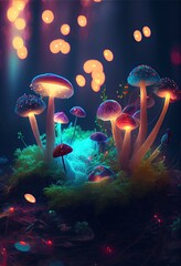 Fototapeta na wymiar mushrooms swirling with the esscense of life with sparkles and neon lighting. Ai generative