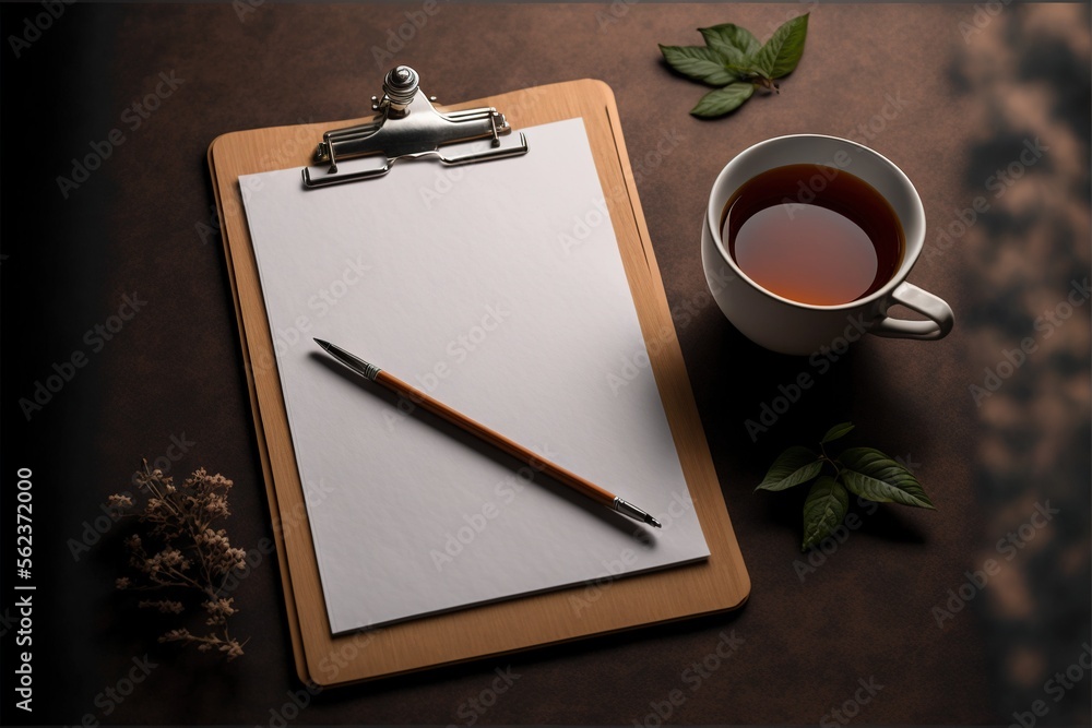 Poster a clipboard with a pen and a cup of tea on it next to a clipboard with a pen and a cup of tea on it 