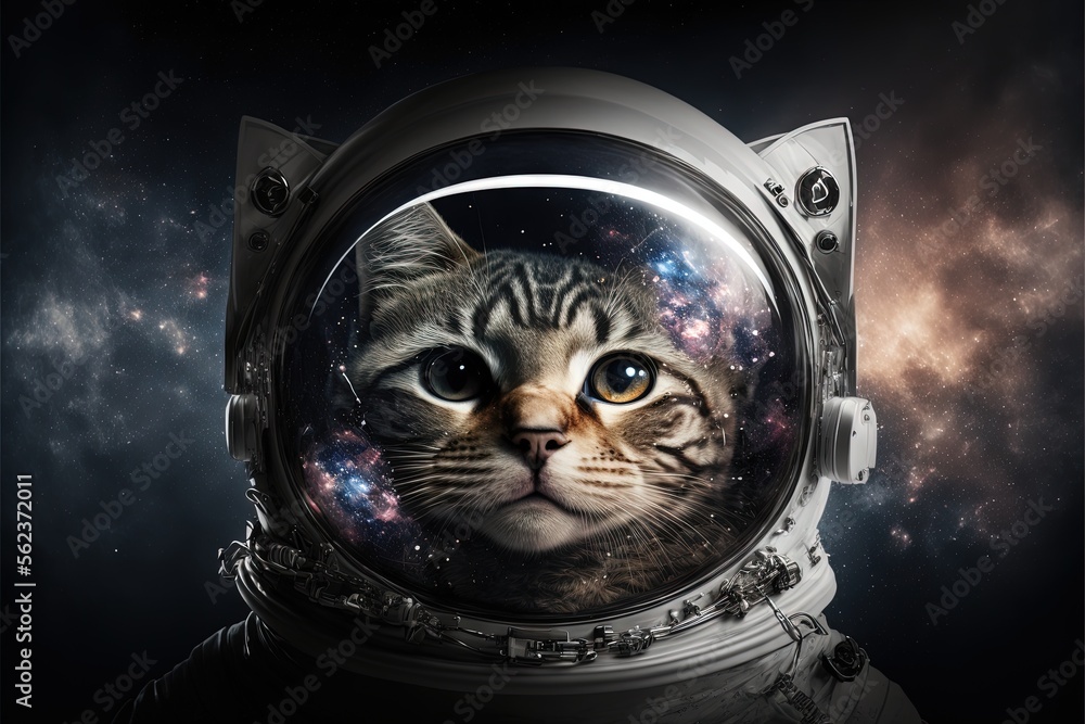 Poster a cat in a space suit with a space background and stars in the sky behind it, looking at the camera 