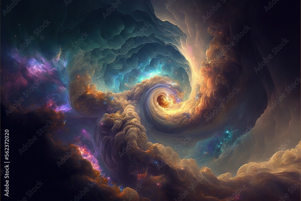 Poster a spiral of clouds and a star in the center of the image is a painting of a spiral in the sky with a