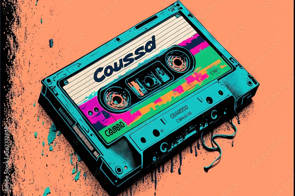 Poster a colorful cassette tape with the word coussd on it sitting on a pink background with a black border