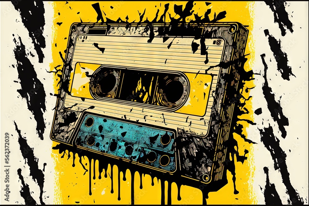 Poster a drawing of a cassette tape with paint splatters on it and a yellow background with black spots on 