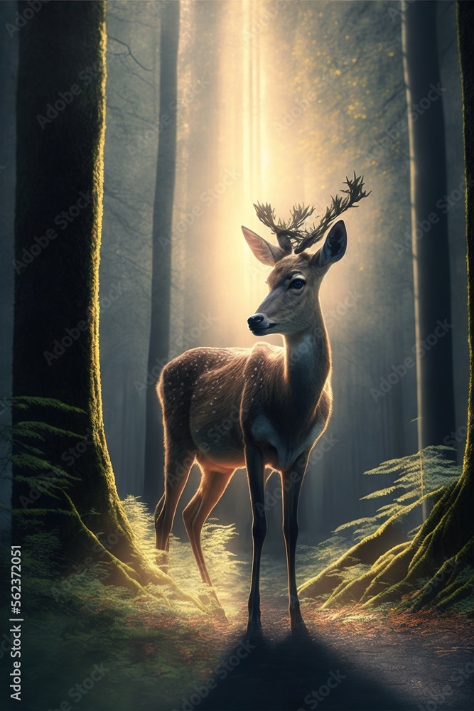 Poster a deer standing in a forest with a light shining through the trees behind it and a trail leading to 