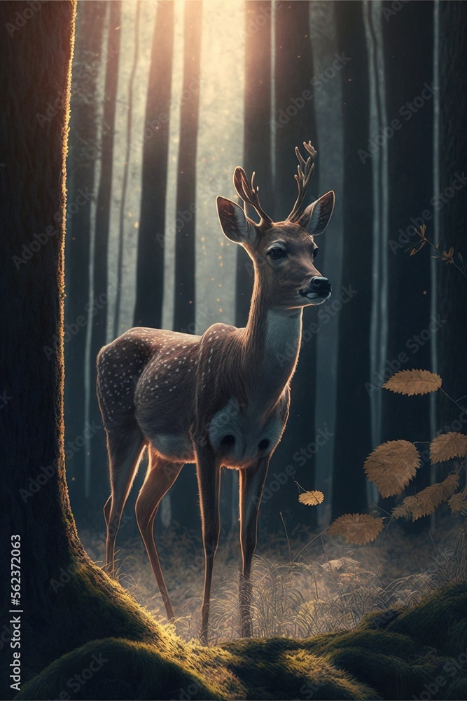 Poster a deer standing in the middle of a forest with a sun shining through the trees behind it and a fores