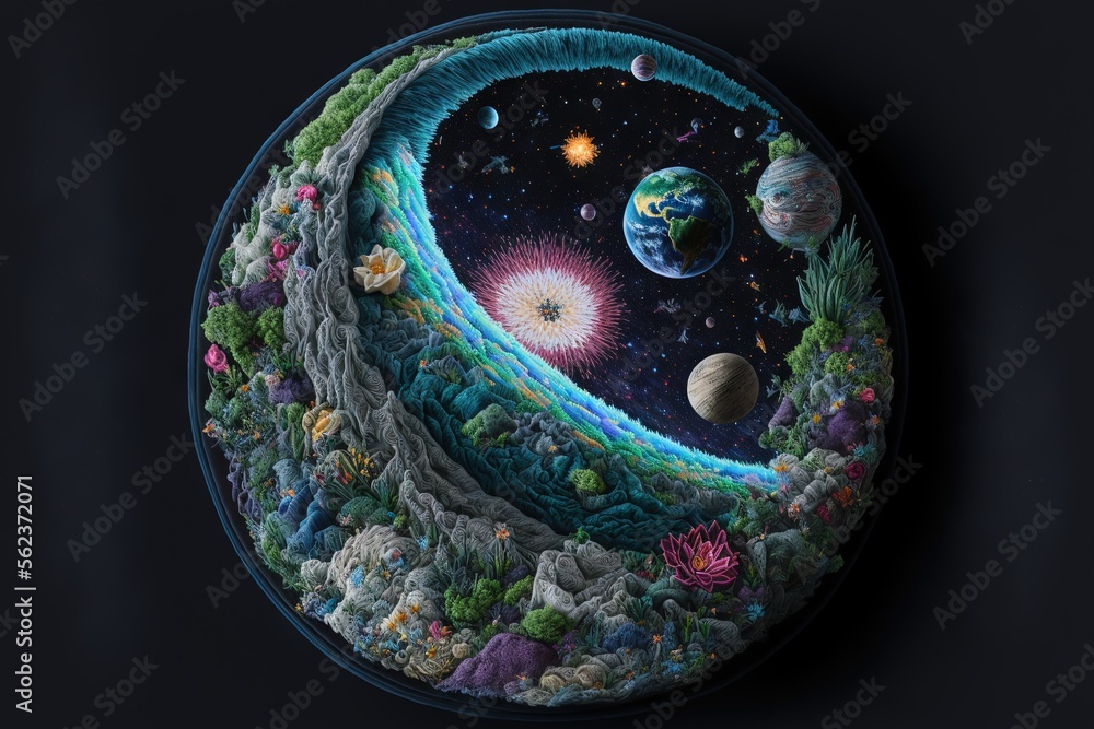 Poster a painting of a planet with a sky background and a sun and planets in the center of the picture, wit