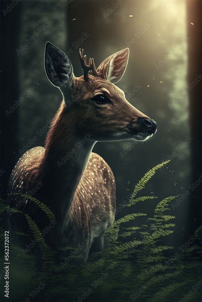 Poster a deer standing in the middle of a forest with a light shining on it's head and antlers on its head,