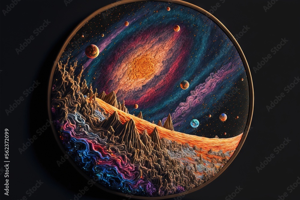 Poster a painting of a colorful sky with planets and stars on it's surface, with a black background and a g
