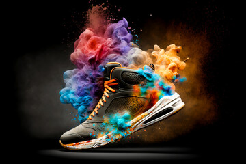 Black shoe on abstract multicolor smoke explosion background. Colorful smoke clouds with sneaker on black background. Fashion or sport texture. Generative AI colorful sport design element.