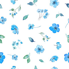 Fototapeta na wymiar Watercolor seamless pattern with abstract blue flowers, green leaves. Hand drawn floral illustration isolated on white background. For packaging, wrapping design or print.