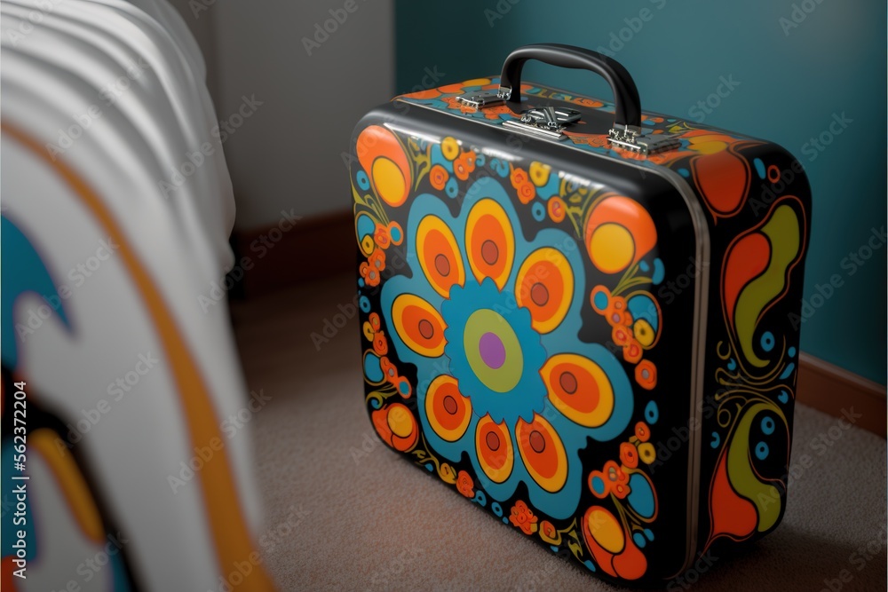 Poster a colorful suitcase sitting on the floor next to a stack of books and a chair in the background with