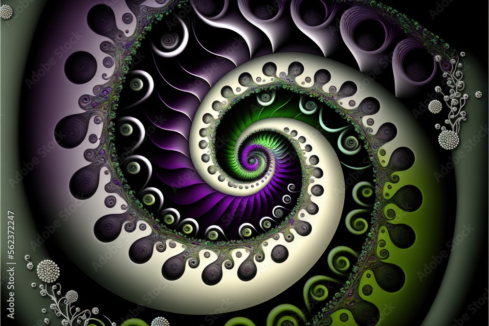 Poster a computer generated image of a spiral design in green and purple colors with a black background and