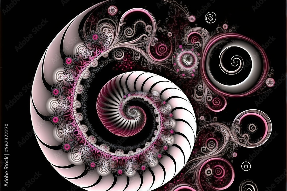 Poster a spiral design with pink and white swirls on a black background with a black background and a white