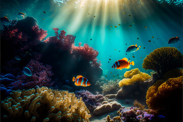 Fototapeta na wymiar Underwater coral reef landscape. Deep blue ocean with corals, colorful fish and marine life, Generative AI. Diving, snorkling, travel and vacation banner background or design element.