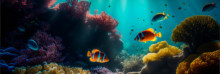 Naklejka premium Underwater coral reef landscape. Deep blue ocean with corals, colorful fish and marine life, Generative AI. Diving, snorkling, travel and vacation banner background or design element.