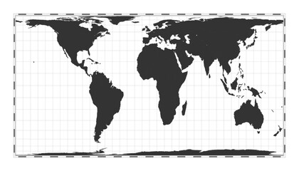 Vector world map. Cylindrical equal-area projection. Plain world geographical map with latitude and longitude lines. Centered to 0deg longitude. Vector illustration.
