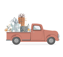 Cute retro pickup track delivering gifts and flowers. Special car delivery. Valentines day, birthday or wedding concept. Love, Romantic vector illustration in flat cartoon style - obrazy, fototapety, plakaty
