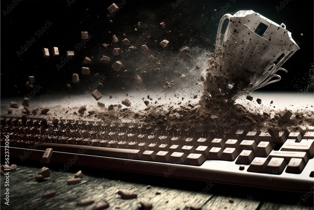 Poster a computer keyboard with a bunch of dirt on it and a cup of coffee on top of it, with a black backgr
