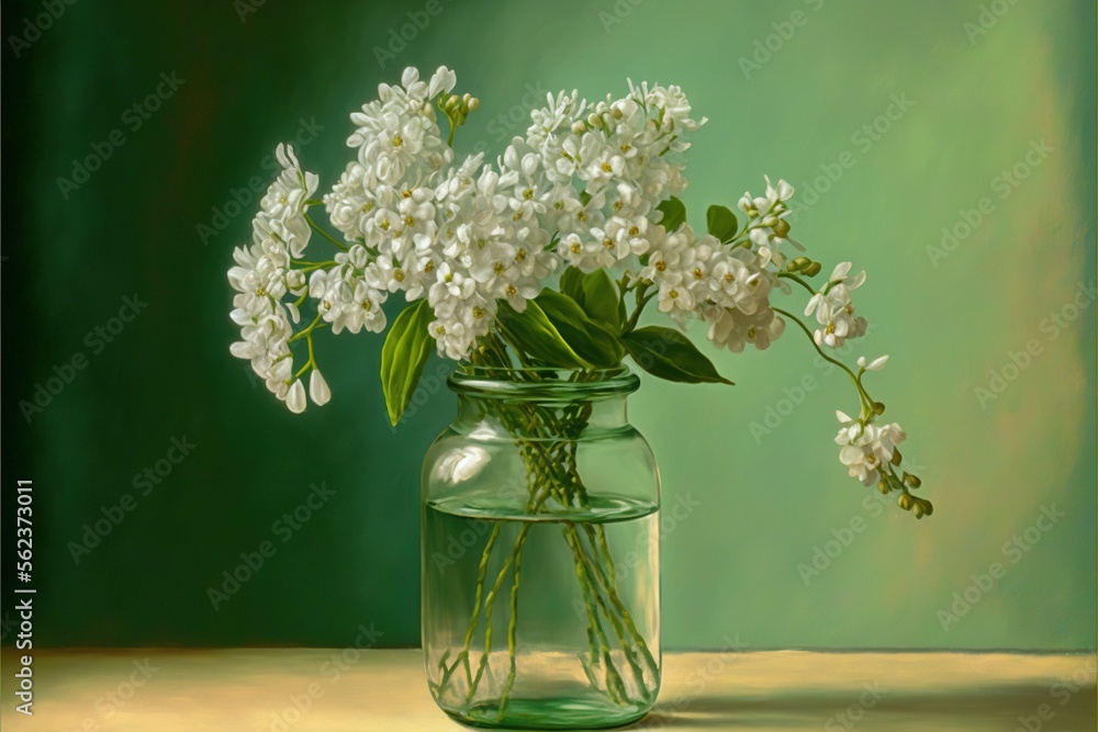 Poster a painting of a vase with white flowers in it on a table top with a green background behind it and a
