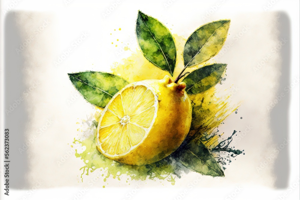 Poster a painting of a lemon with leaves on it's side and a lemon slice on the other side of the image, wit