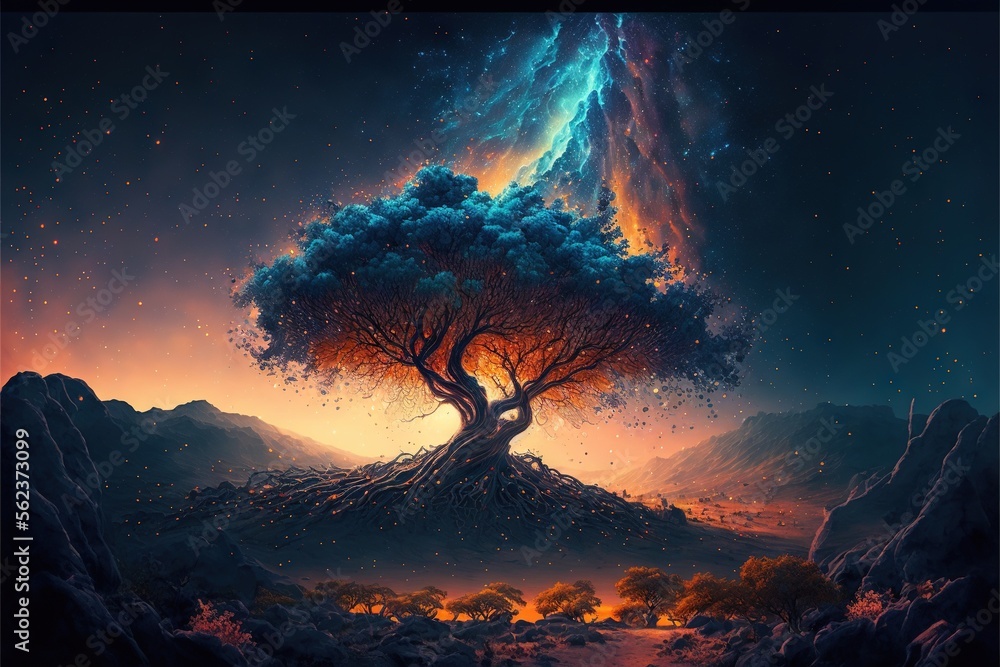 Poster a tree with a sky background and a mountain in the background with stars and a bright blue cloud in 