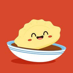 Gyoza vector. Hot dumplings and chopsticks on red background. Steamed dim sum or bun illustration for restaurant logo. Asian food icon for Japanese.