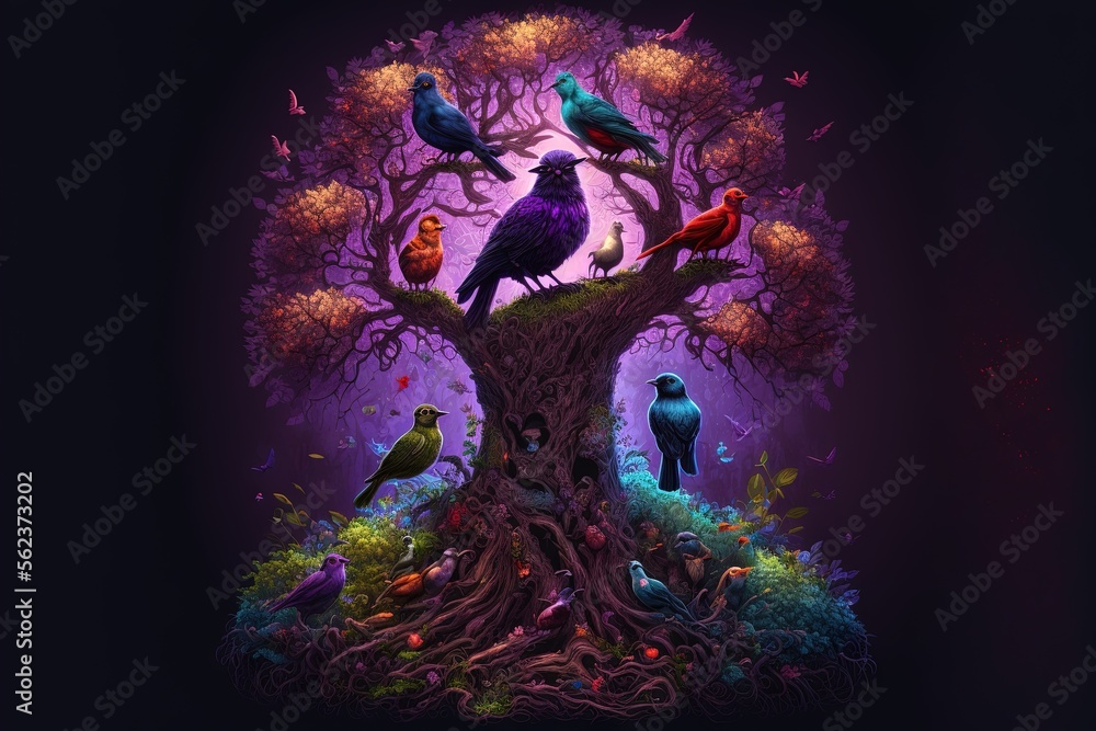 Poster a painting of a tree with many birds perched on it's branches and a full moon in the background with