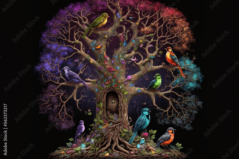 Aufkleber a tree with many birds sitting on it's branches and a door in the middle of it, with a dark backgrou