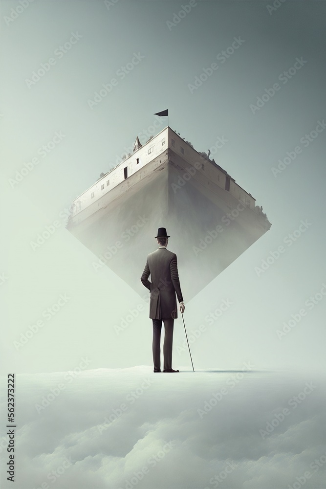 Aufkleber a man in a suit and top hat standing on a hill with a suitcase in his hand and a ship in the backgro