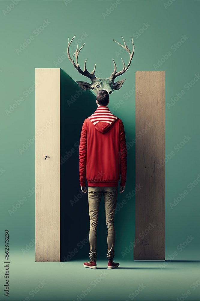 Aufkleber a man standing in front of a door with a deer head on his head and a door way to another room with a